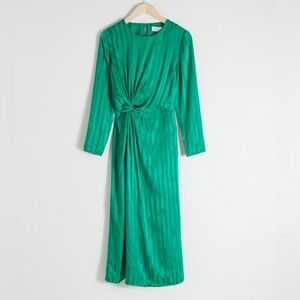 & Other Stories Paris Atelier Twist Knot Green Striped Long Sleeve Midi Dress
